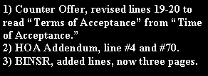 Text Box: 1) Counter Offer, revised lines 19-20 to read Terms of Acceptance from Time of Acceptance.2) HOA Addendum, line #4 and #70.3) BINSR, added lines, now three pages.