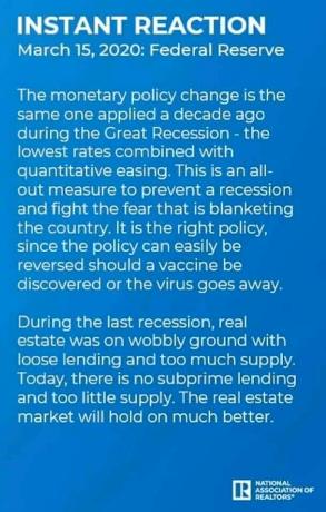 Image may contain: 1 person, possible text that says 'INSTANT REACTION March 2020: Reserve Lawrence Yun NARChief The monetary policy change is the same one applied decade ago during Great Recession the lowest combined with quantitative easing This is an all- out measure to prevent recession and fight the fear that is blanketing the country right policy, since policy can easily reversed should vaccine discovered or the virus goes away. During the last recession, real estate on wobbly ground with loose lending and much supply. Today, there subprime lending and too little supply. The real estate market will hold on much better. IR REALTORS* NATIONAL'